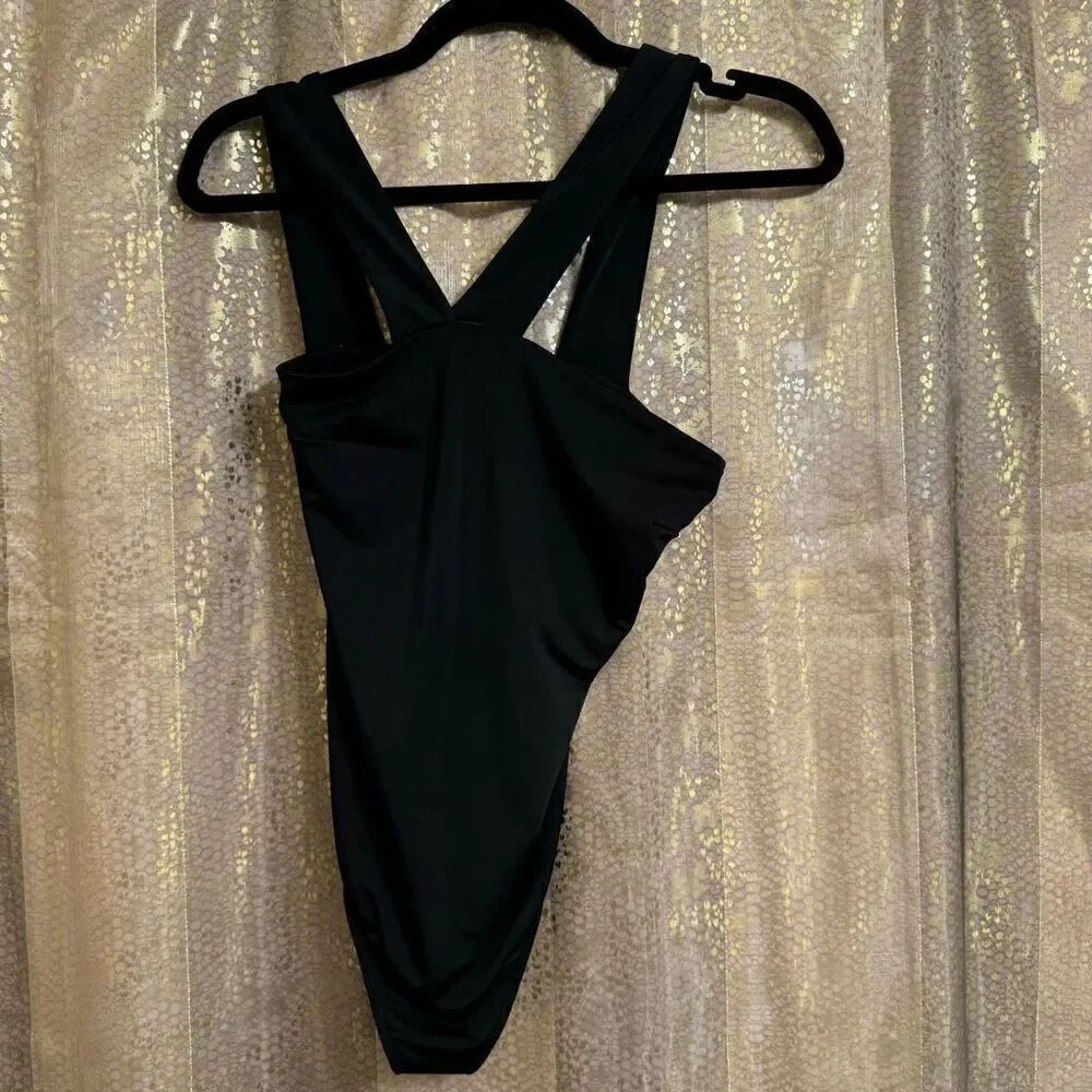 Express Black Asymmetrical Strappy Jersey Knit Smooth Bodysuit XS